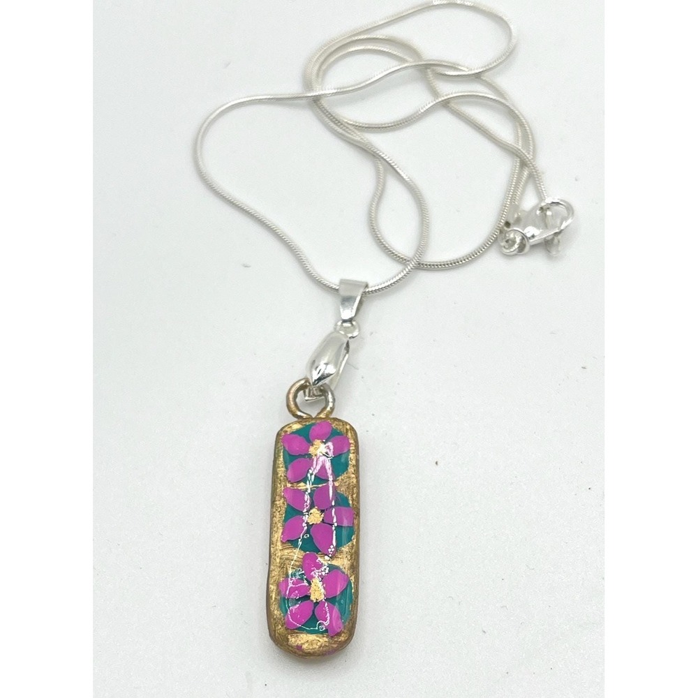Pink Floral Polymer Clay Pendant Necklace Boho Garden Art Jewelry Cottagecore - Picture 9 of 9